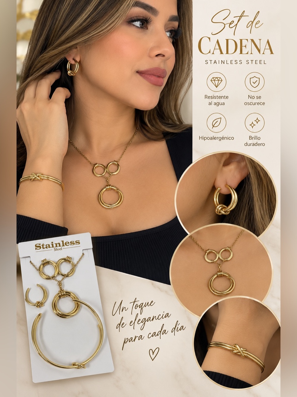 Gold Women’s Jewelry Set - Elegant Necklace, Earrings & Bracelet